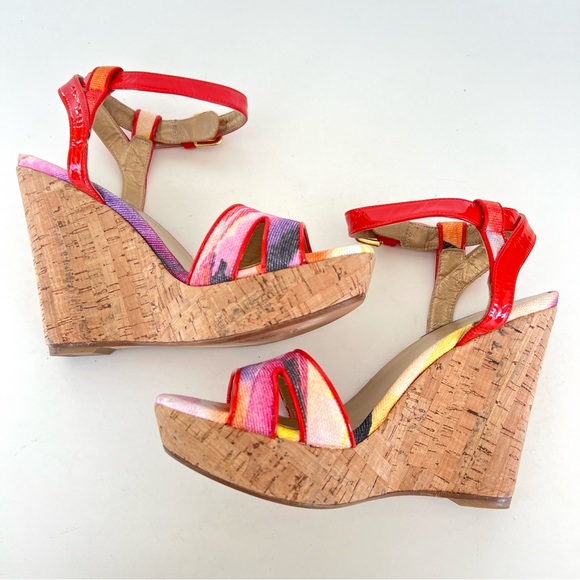 STUART WEITZMAN Orange Patent Leather w Multicolor Canvas Wedge Sandals Sz 9 M - Picture 7 of 11